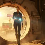 Fallout Serie Szene mit Vault-Bewohnerin in der Wasteland-Landschaft