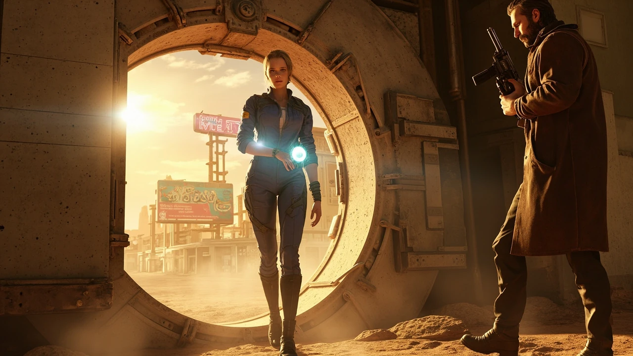 Fallout Serie Szene mit Vault-Bewohnerin in der Wasteland-Landschaft